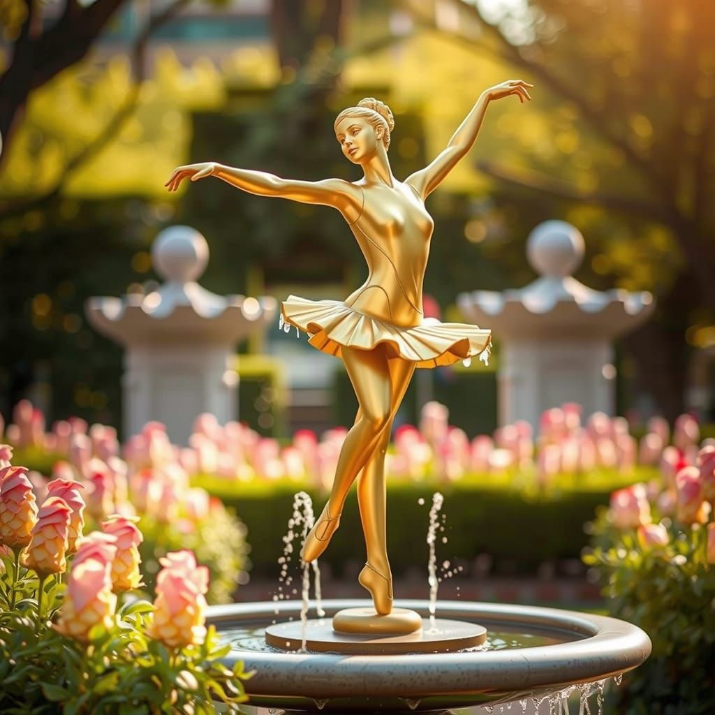 Golden Ballerina Statue Dances in Flower Garden