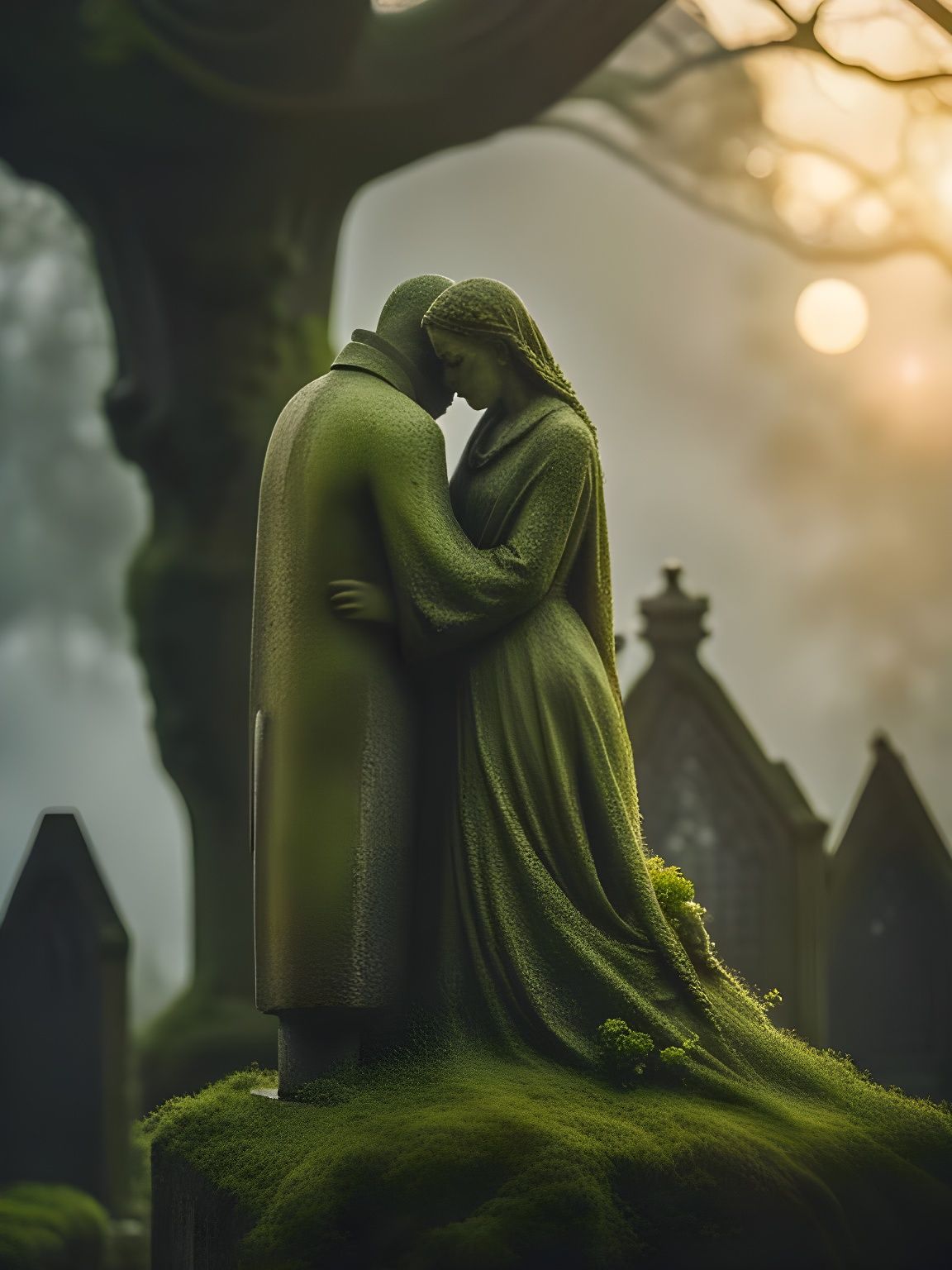 Mossy Stone Couple in Overgrown Churchyard at Sunset