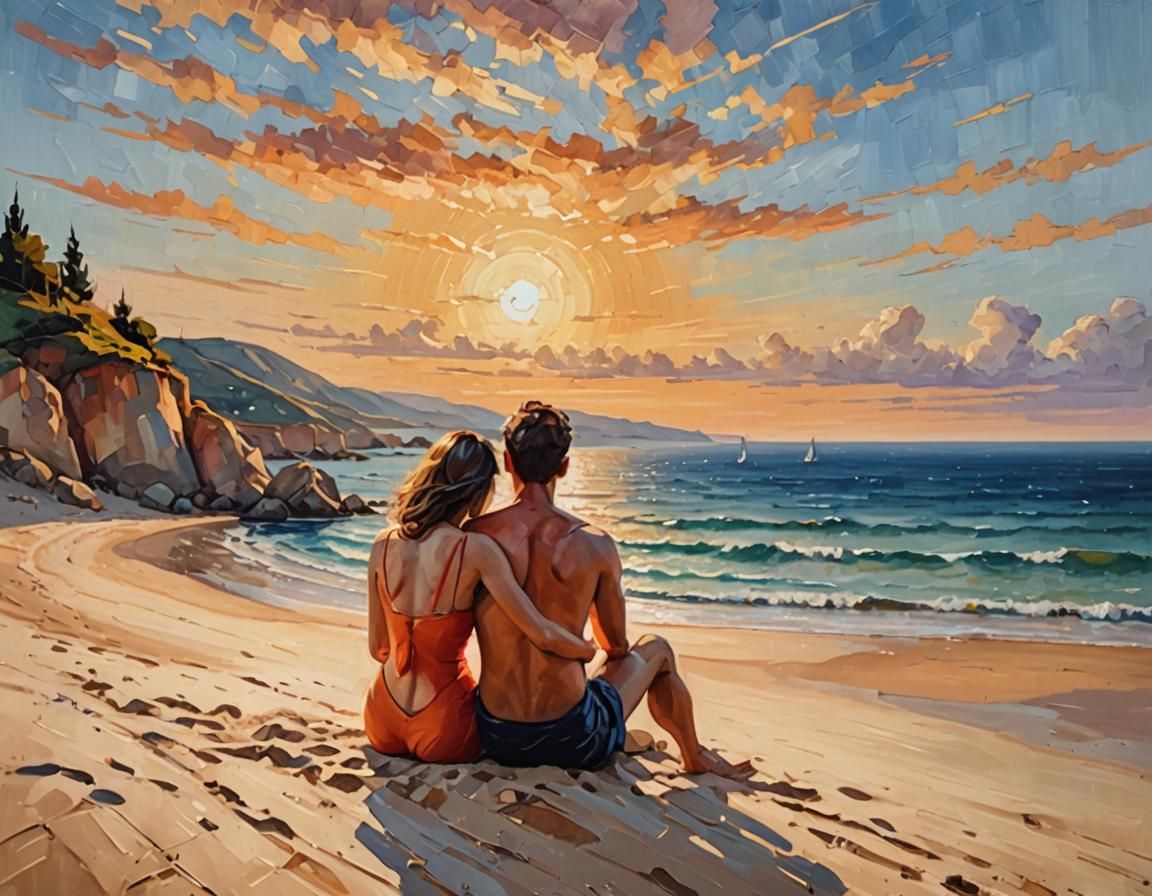 Romantic Beach Sunset: Impressionistic Oil Painting