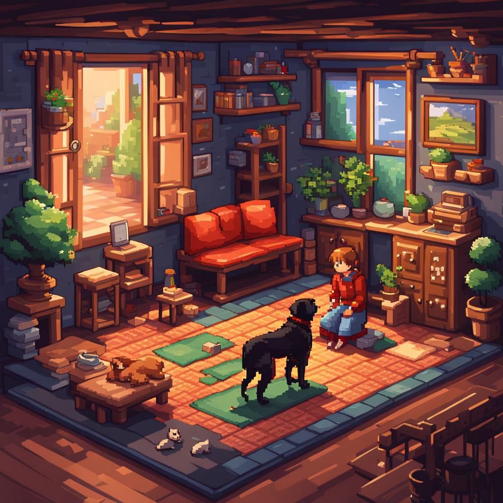 Pixel Art Girl with Dogs in Cozy Room