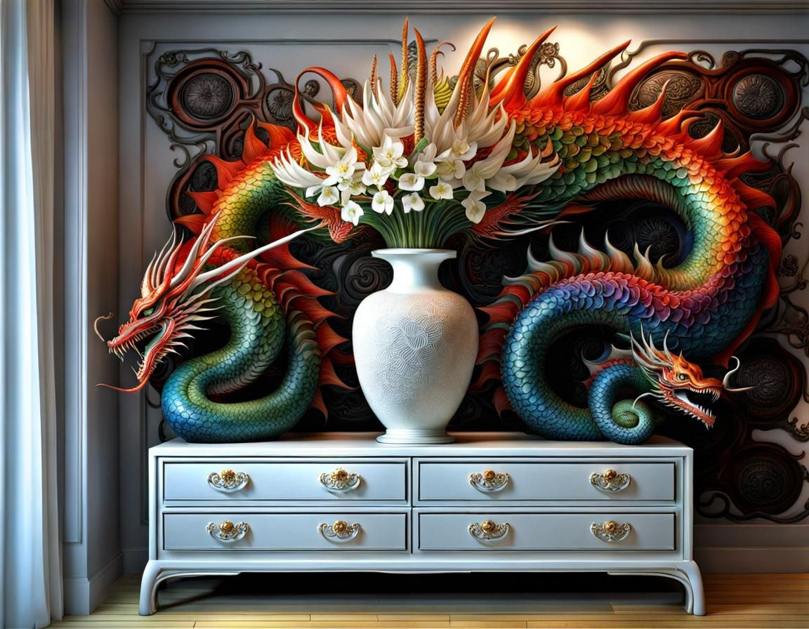 Japanese Vase with Dragonflowers in HDR Style