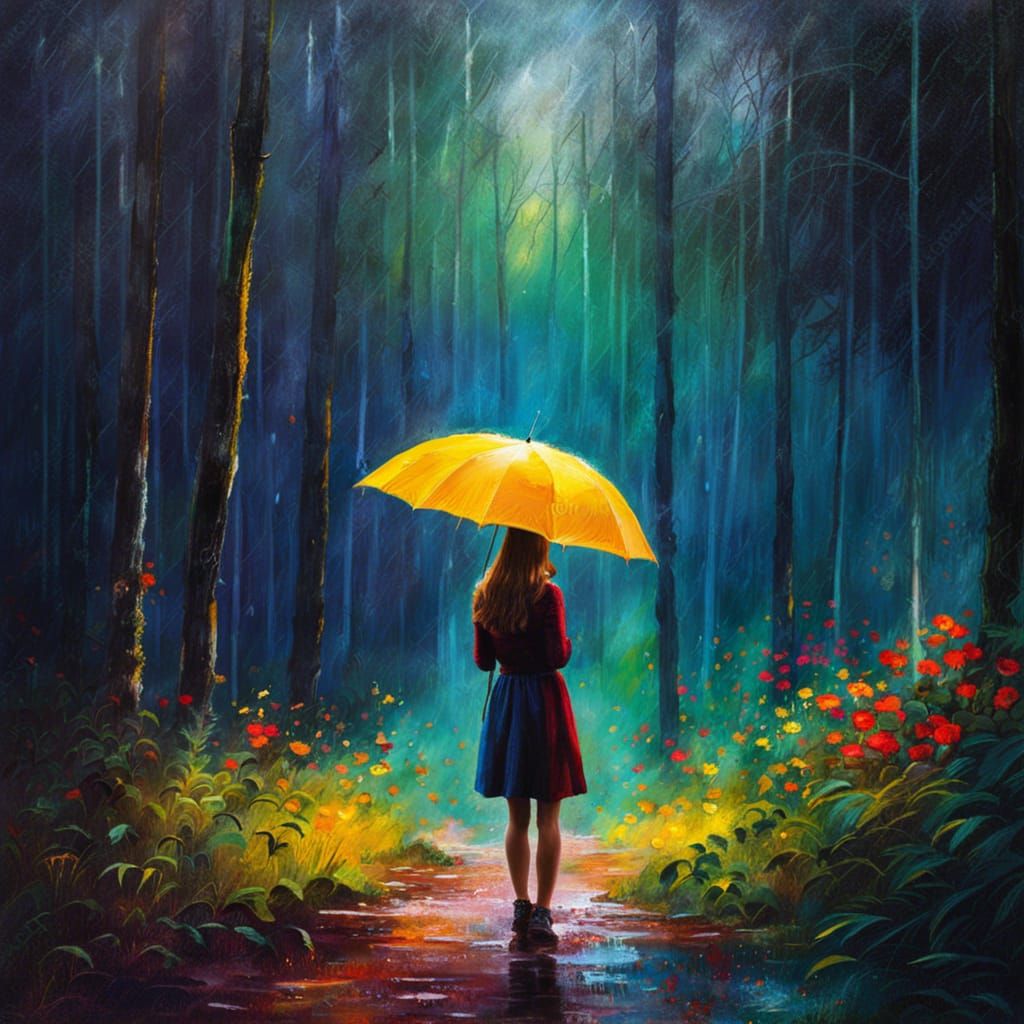 Impressionistic Girl in Rainy Forest Dreamscape