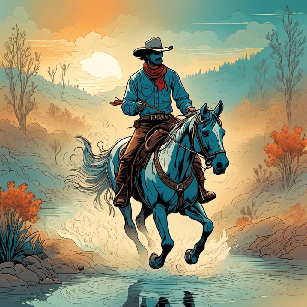 Cowboy Rides Dusty Trail in Nebulous Line Art