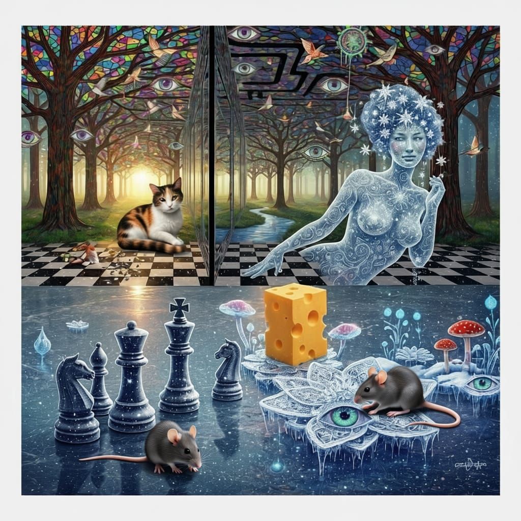 Surreal Astral Chess Scene with Calico Cat