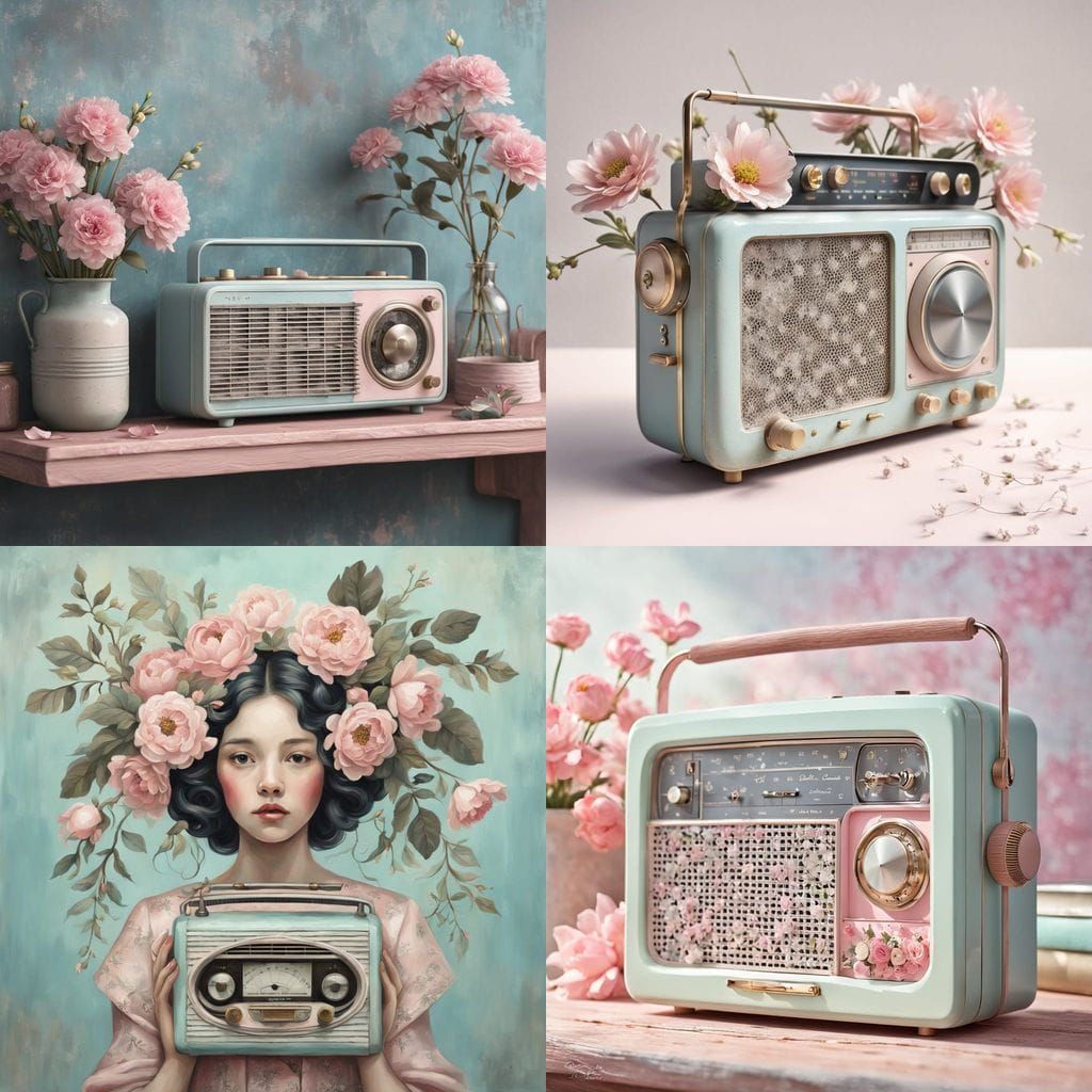 Whimsical Shabby Chic Oil Painting of Vintage Radio in Paste...