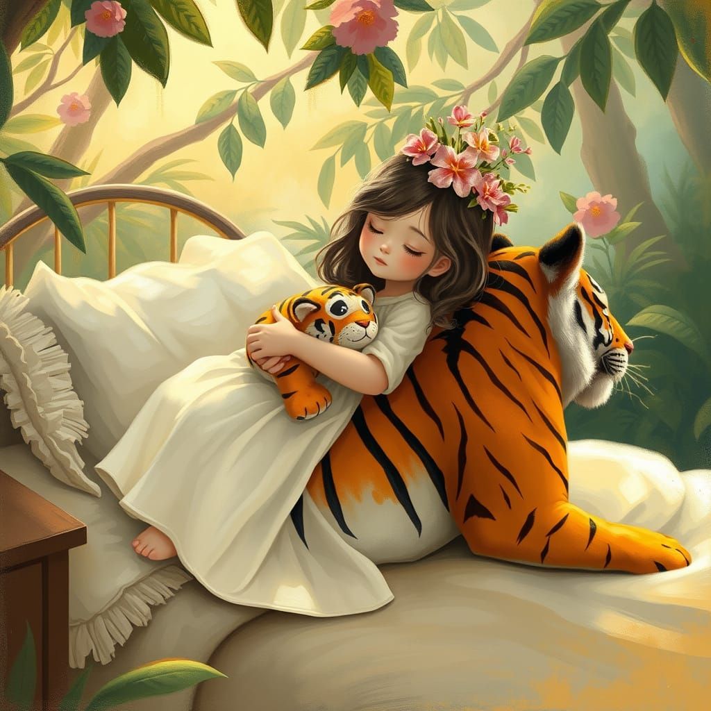 Serene Girl Rides Majestic Tiger in Vibrant Jungle Dream