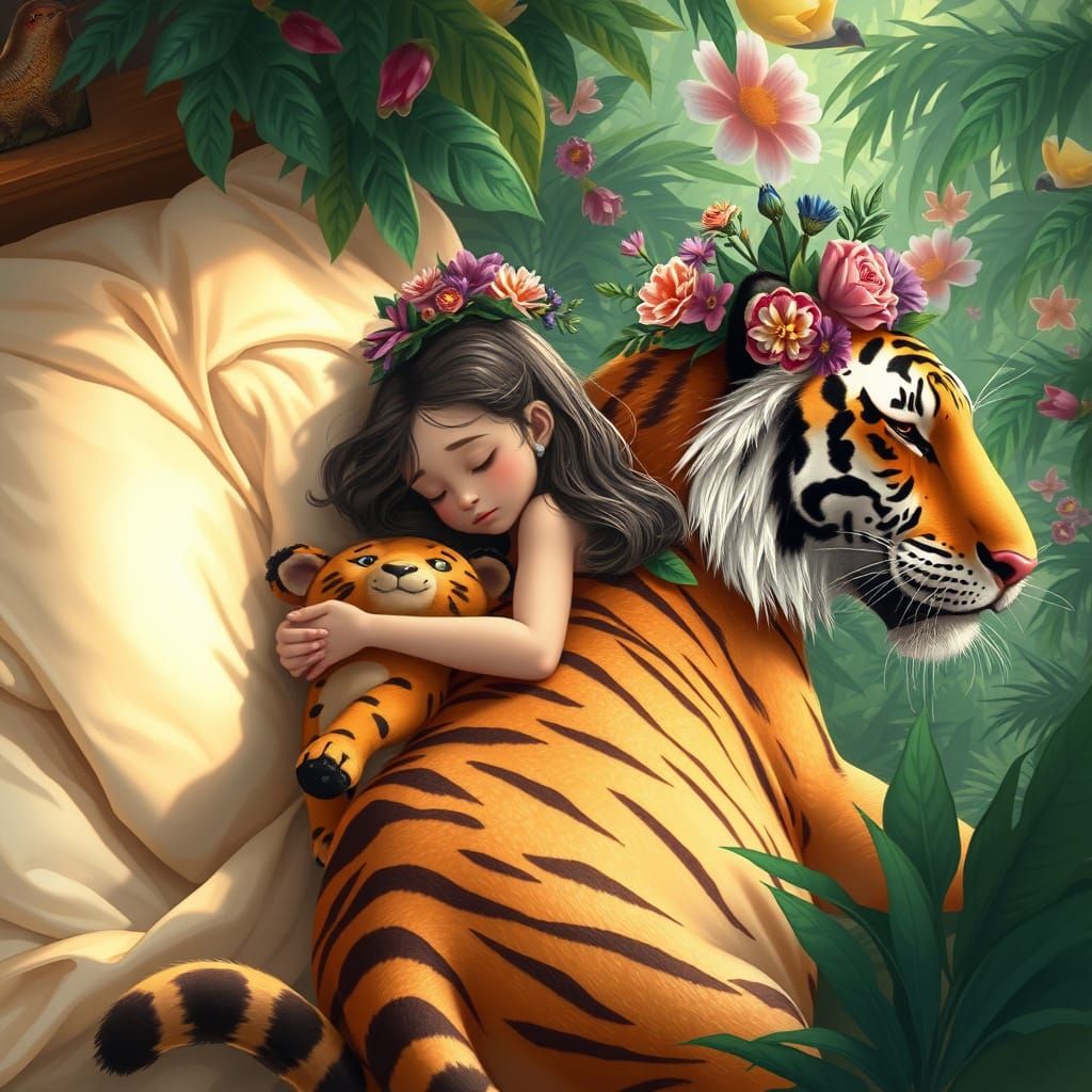 Girl Riding a Tiger in a Jungle Oasis
