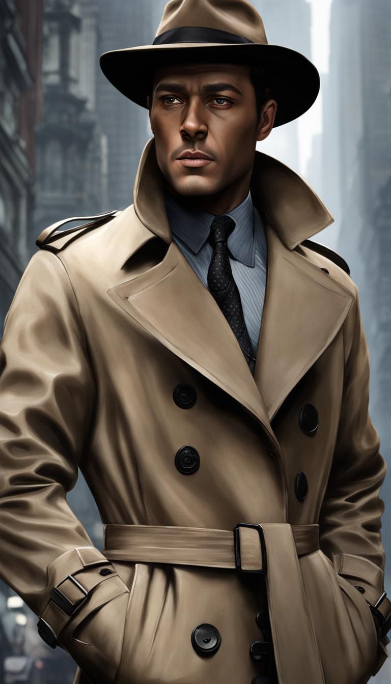 Private Investigator in Trench Coat, Photorealistic Style