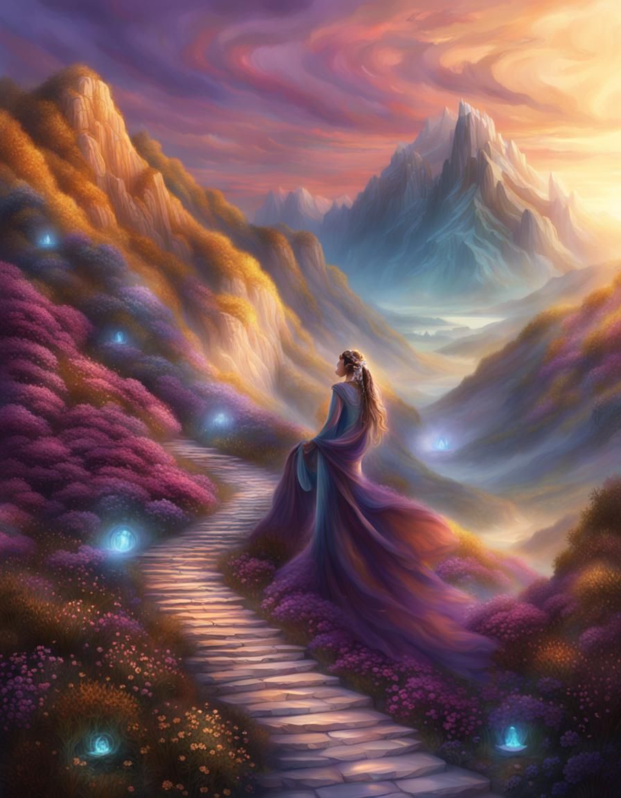 Mountain Goddess on Path at Sunset: Fantasy Art