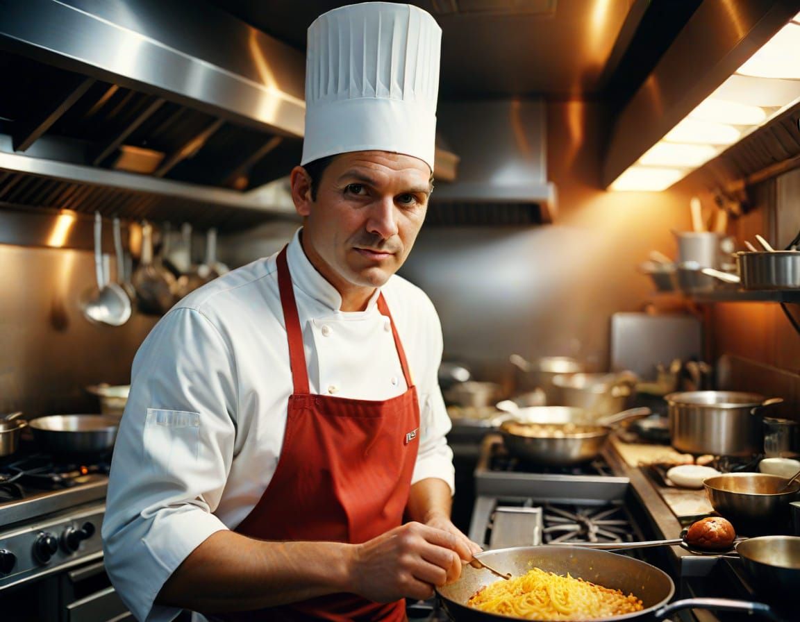Chef in Busy Kitchen with Cinematic Lighting