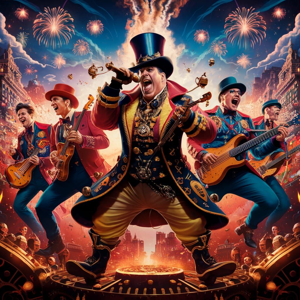 Energetic Musicians in Steampunk Cityscape, Digital Art