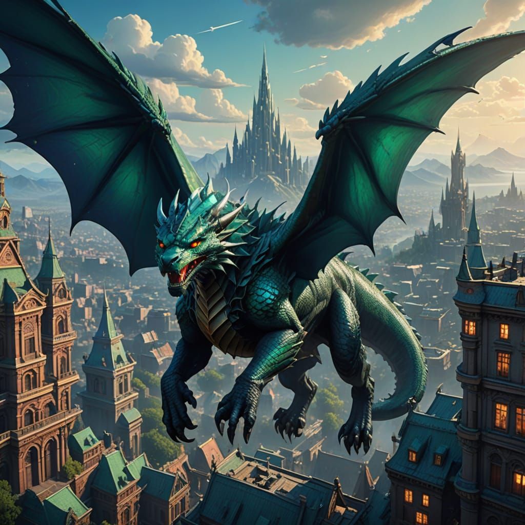 Ethereal Dragon Soars Over Ancient Metropolis