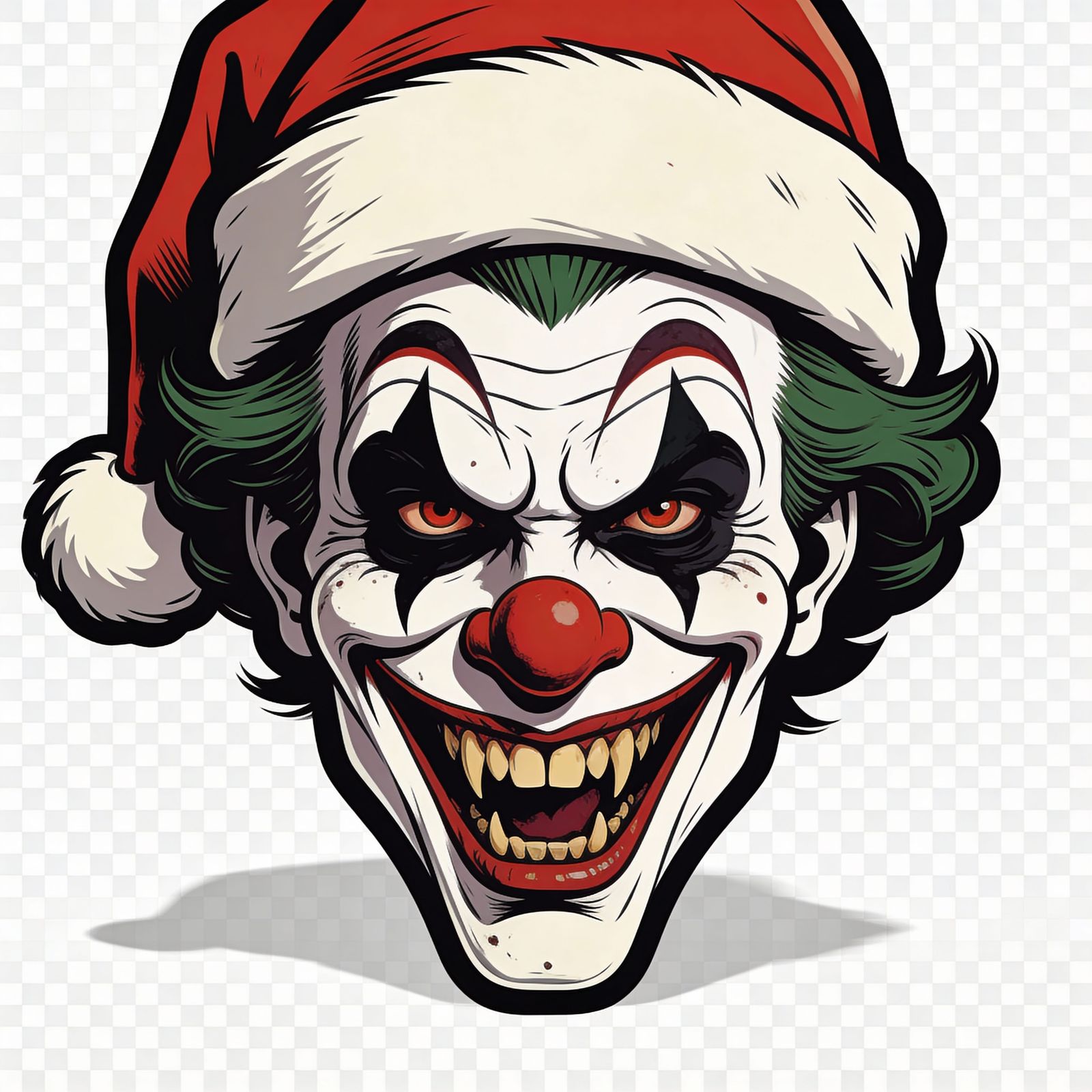 Sinister Clown Face Illustration with Santa Hat