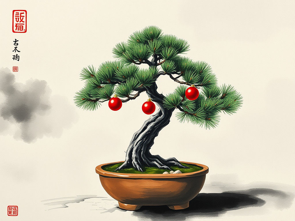 Chinese Ink Painting of Christmas Bonsai