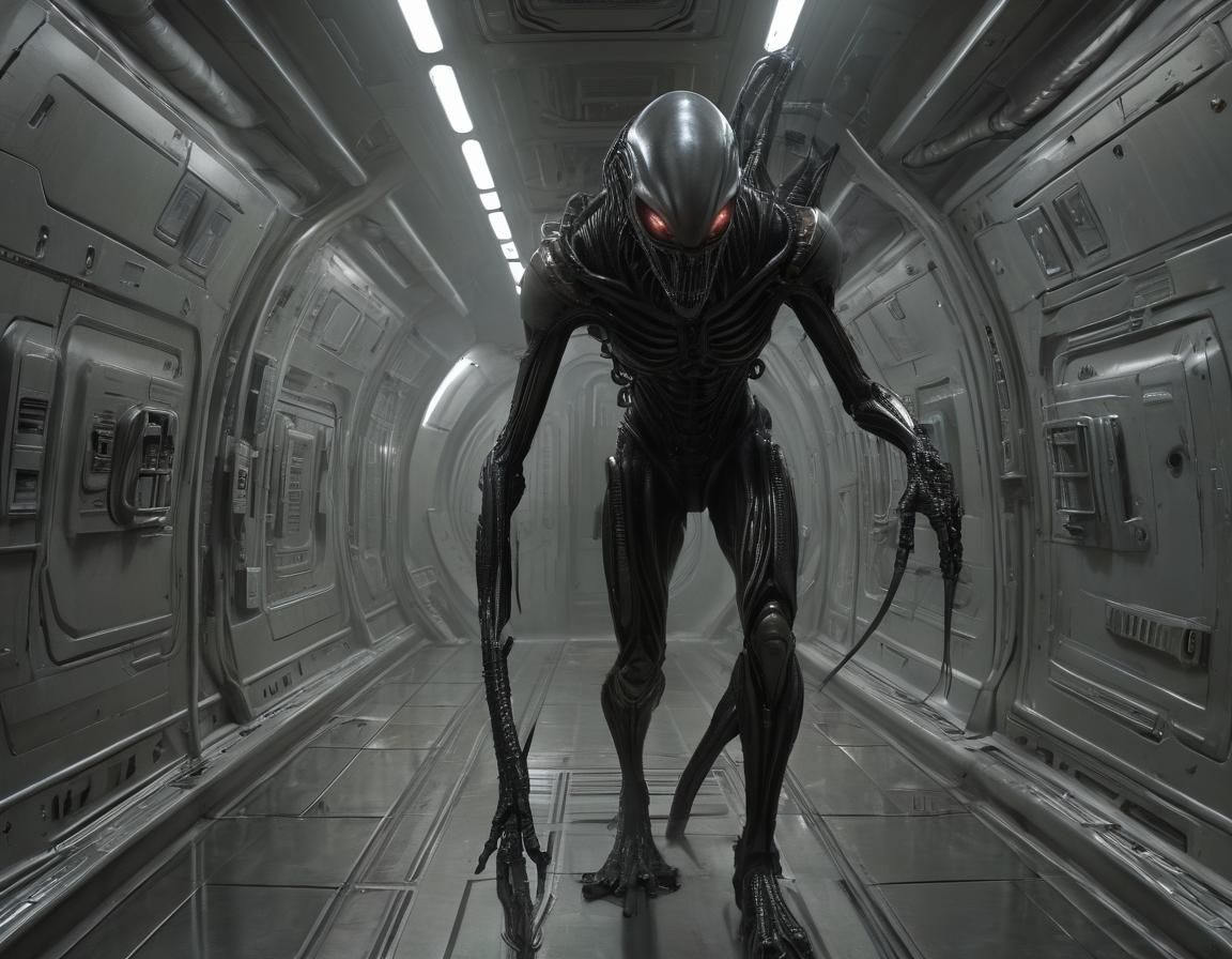 Menacing Alien Stalks Spaceship Corridor: Sci-Fi Illustratio...