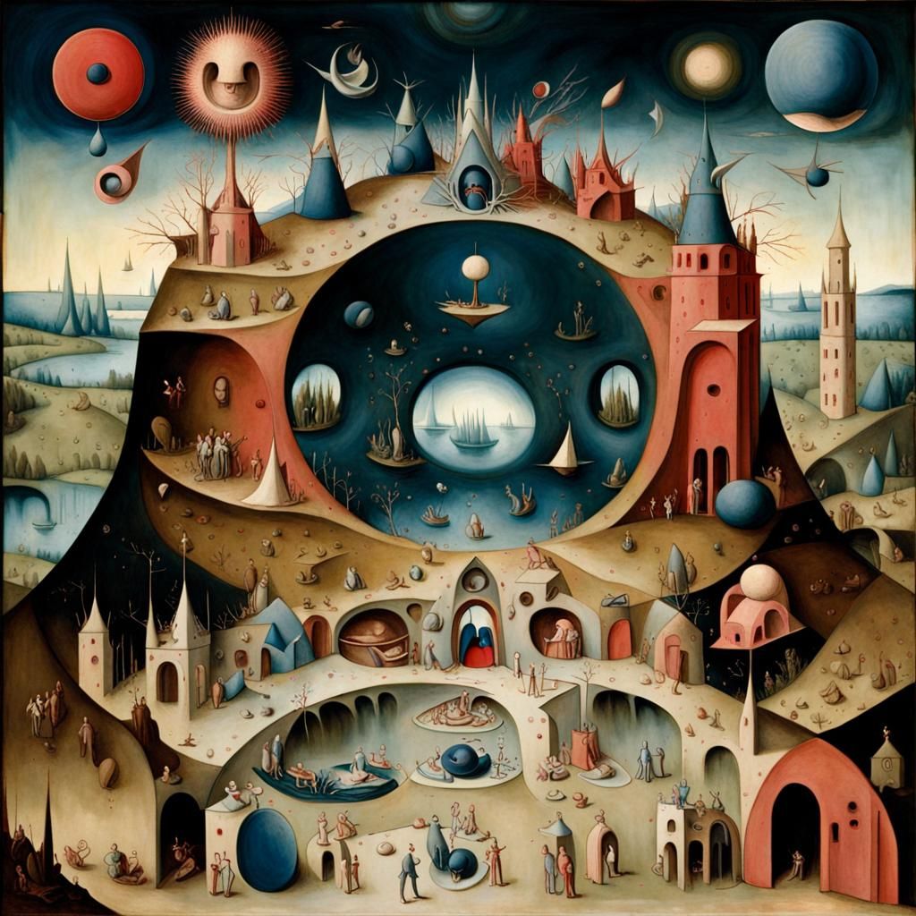 Bosch-Inspired Allegorical Art in Sepia, Indigo, and Crimson