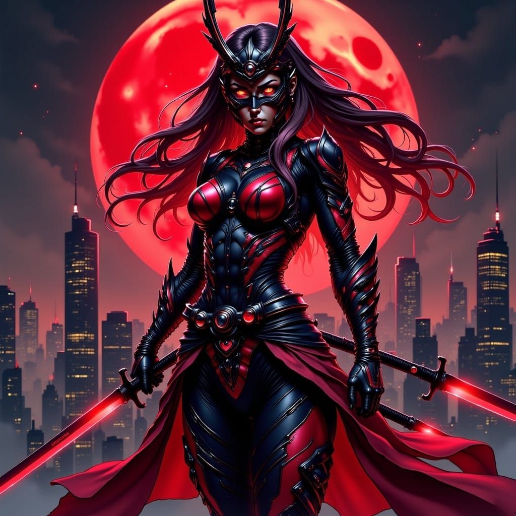 Futuristic Samurai Warrior Woman with Katanas