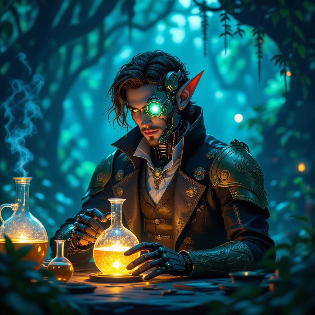 Cyborg Elf Alchemist in Bioluminescent Lab