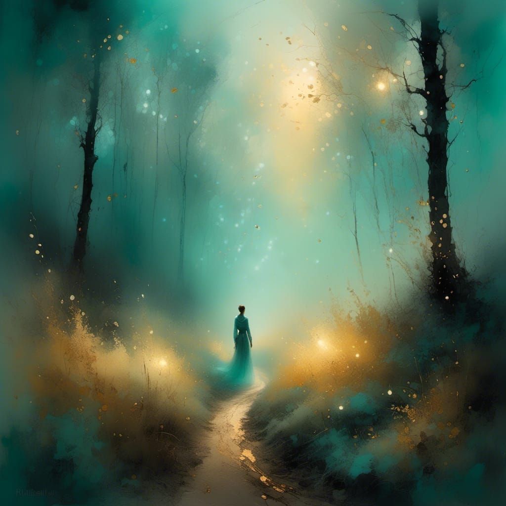Ethereal Figure Follows the Light on Misty Path