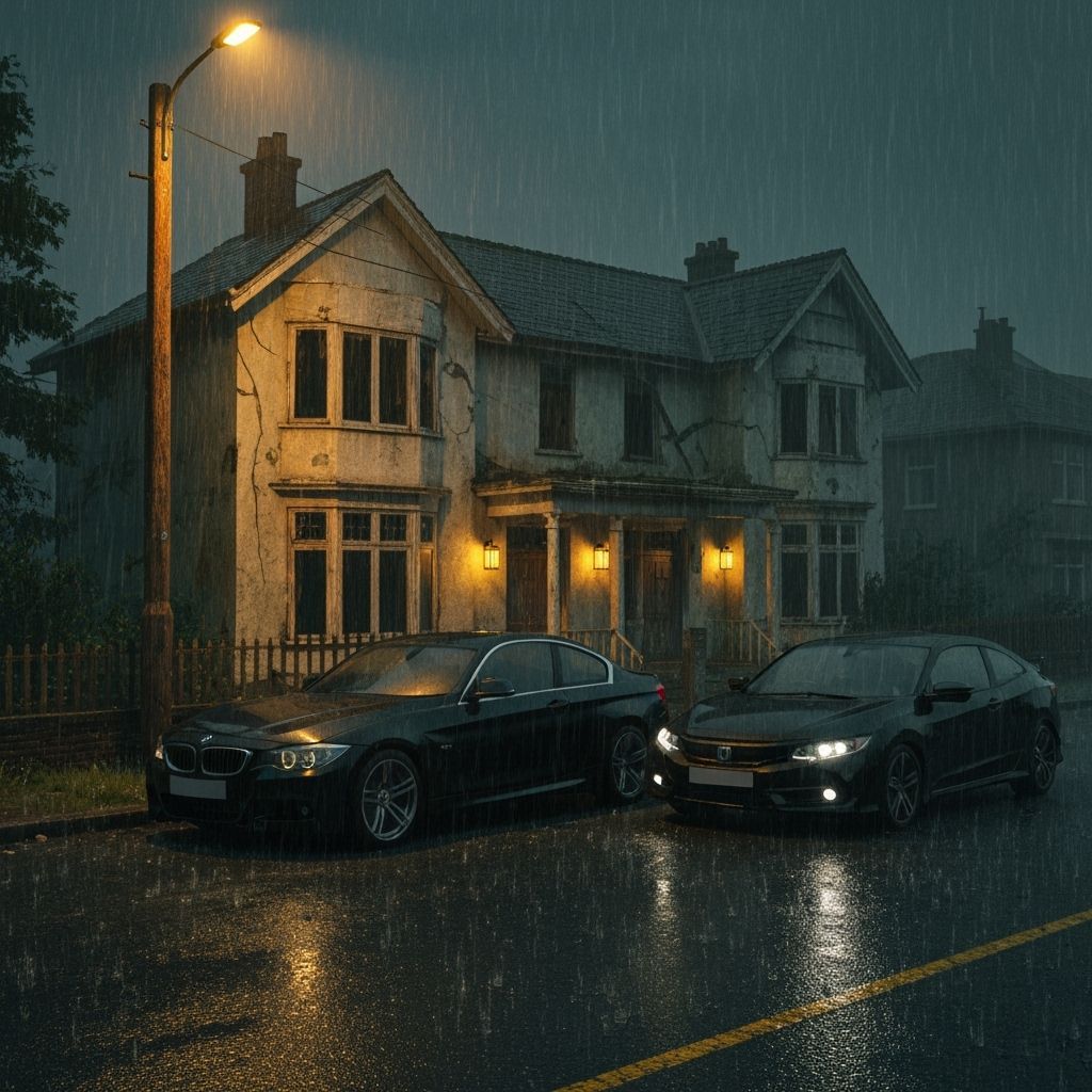 Rainy Street Scene with Abandoned House and Black BMW