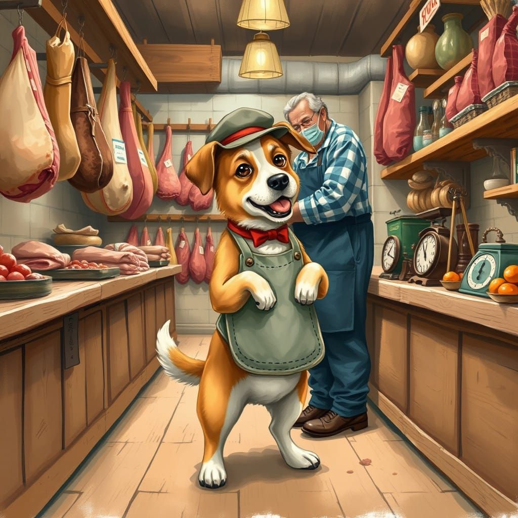 Charming Canine Butcher Assistants in a Warm Rustic Shop