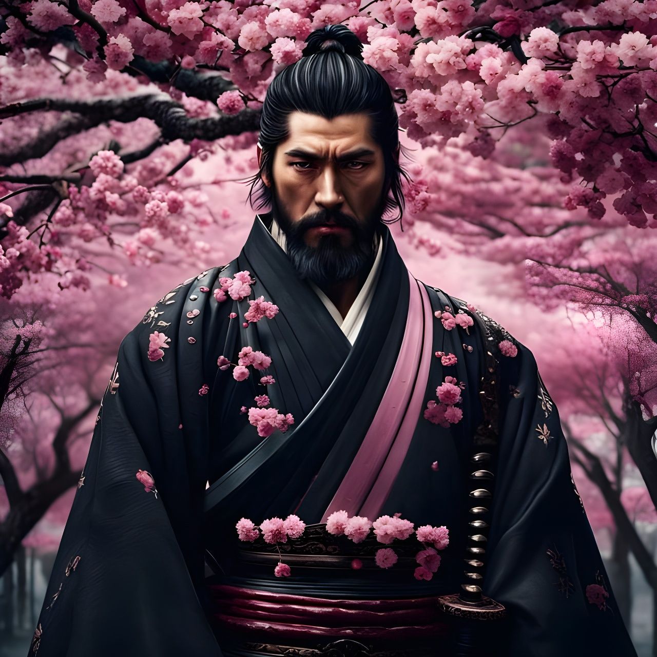 Samurai Portrait with Cherry Blossoms in Mixed Media