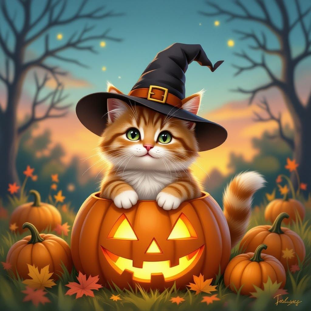 Fluffy Cat in Witch Hat Sits in Jack-o'-Lantern Patch