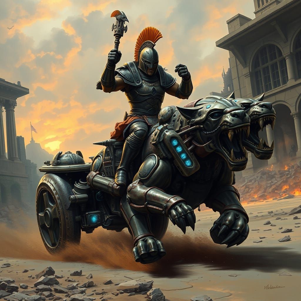 Futuristic Gladiator on Robotic Lion-Pulled Chariot