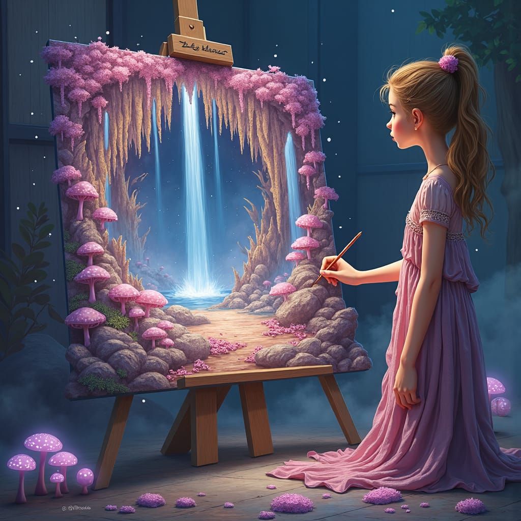 Extremely detailed cinematic film still of an artist girl painting a fairy grotto scene that comes to life. Show parts o...