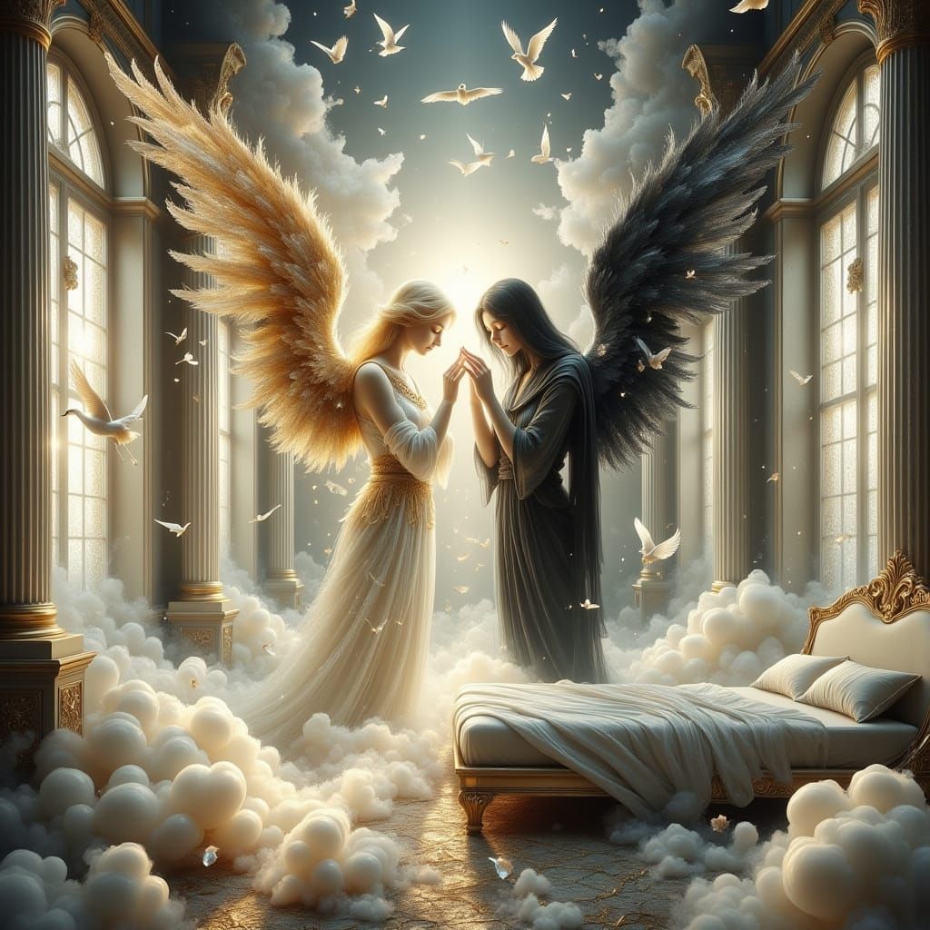 Surreal Dreamlike Scene of Angelic Judgment in a Bedroom