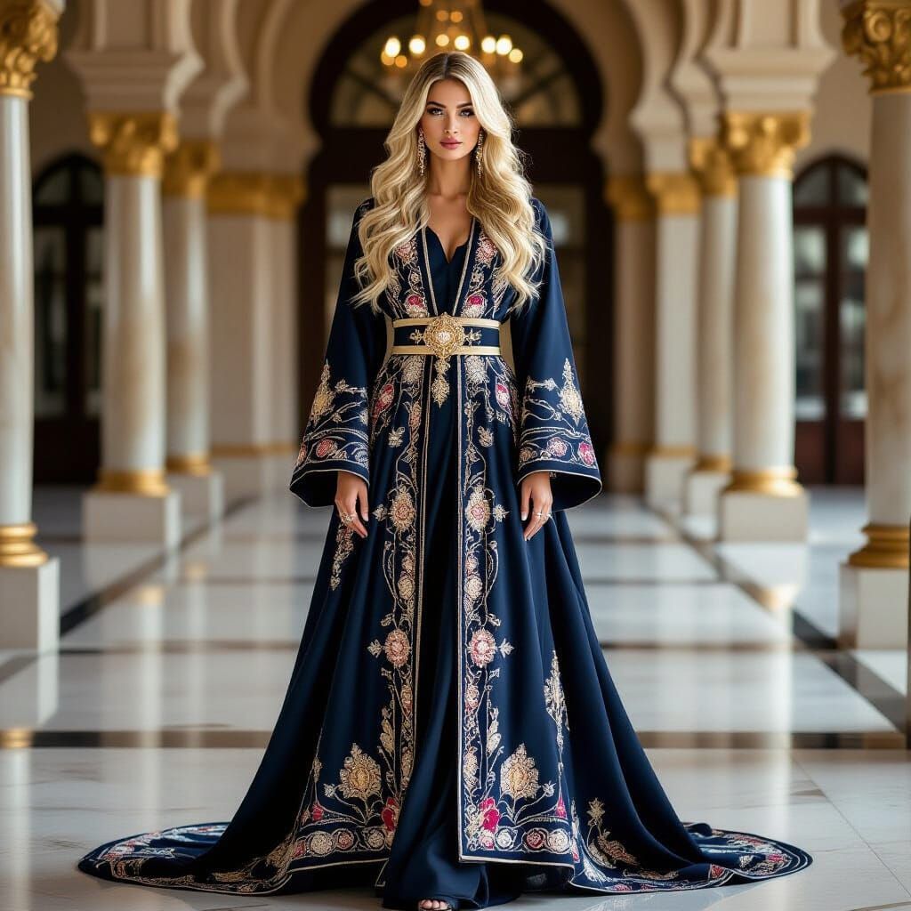Regal Blonde in Luxurious Abaya with Jewel-Toned Colors