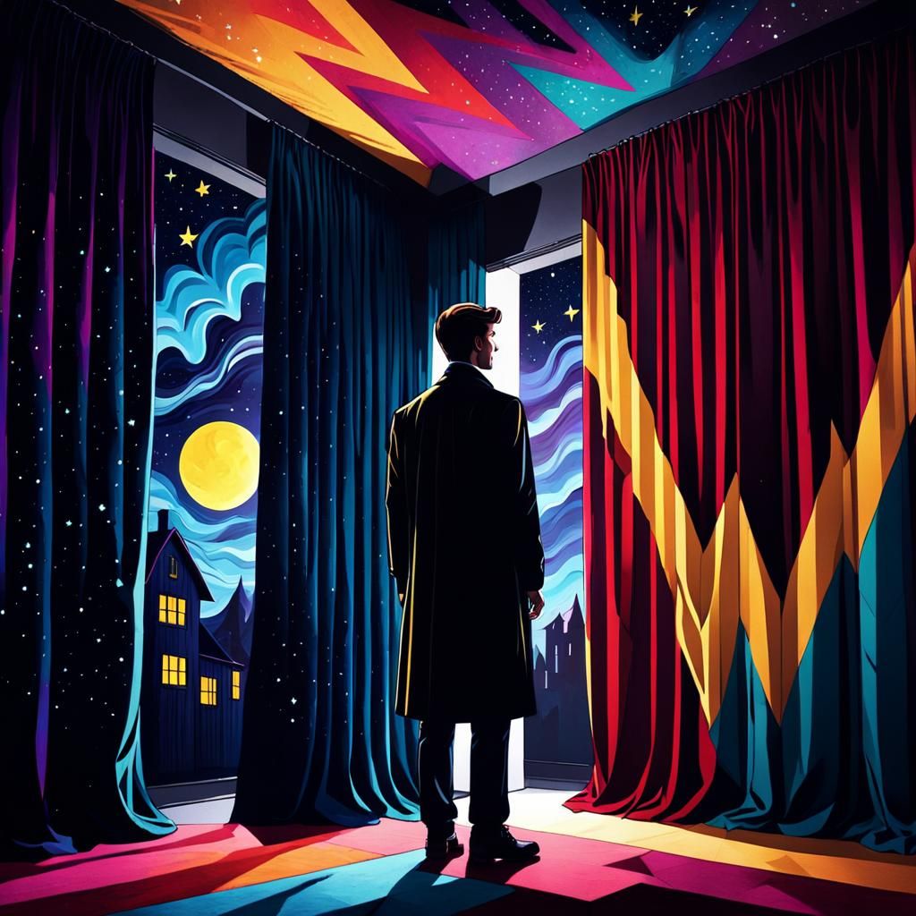 Expressionist Film Still with Starry Night Curtain