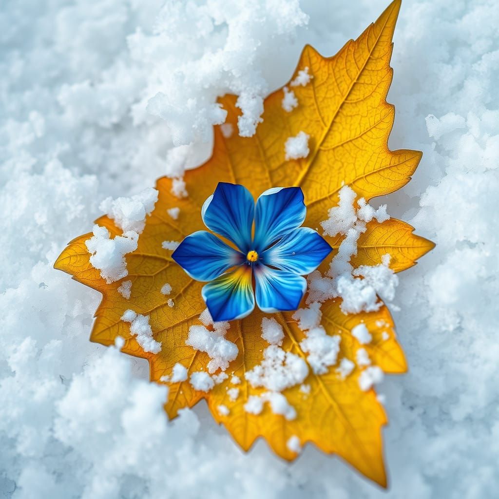 Golden Oak Leaf with Blue Flower on Snow