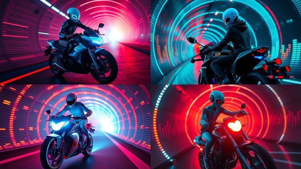 Neon Alien Rides Through Space Tunnel