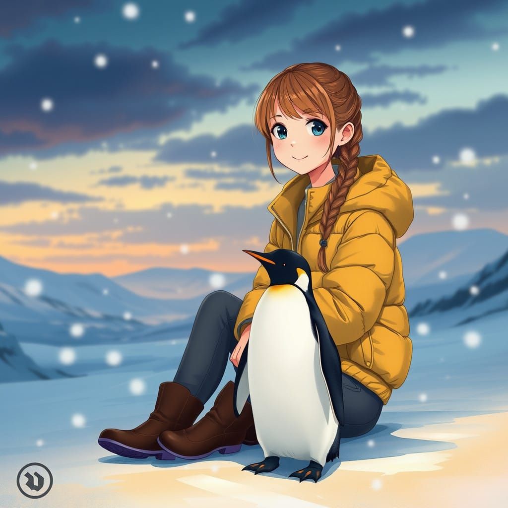 Serene Arctic Evening with Anime Girl and Penguin