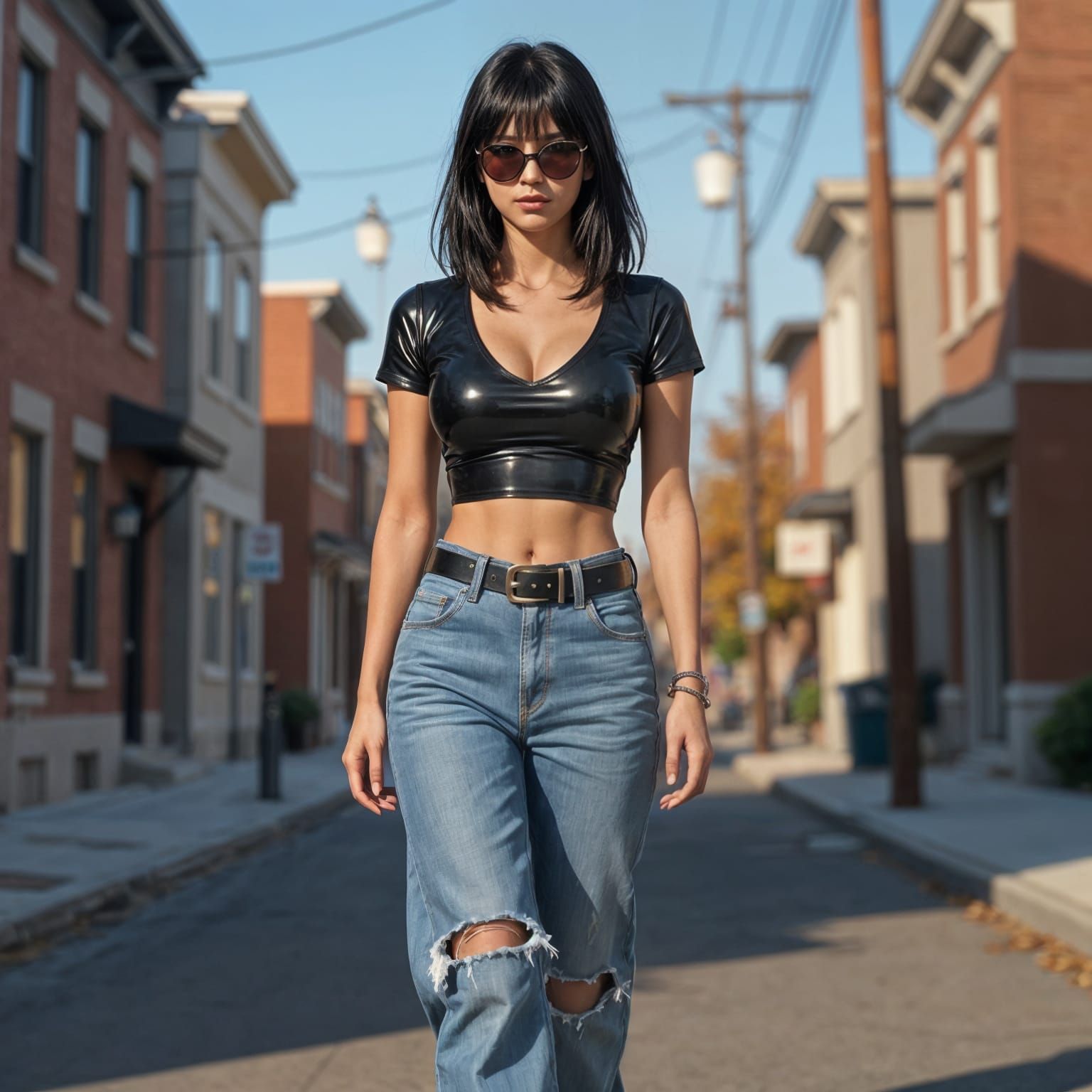 Woman in Latex Top Walking Down Street