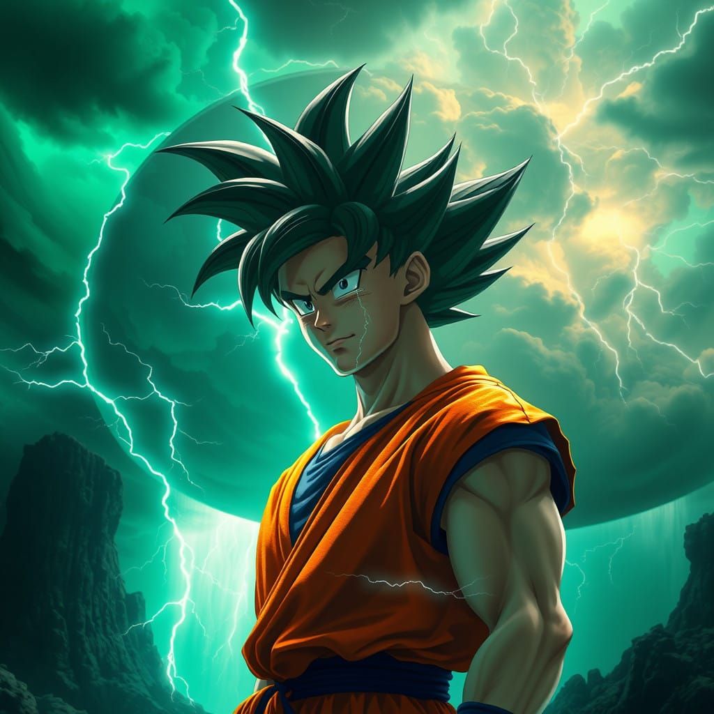 Goku in Ultra Instinct, Majestic Against Emerald Green Thund...