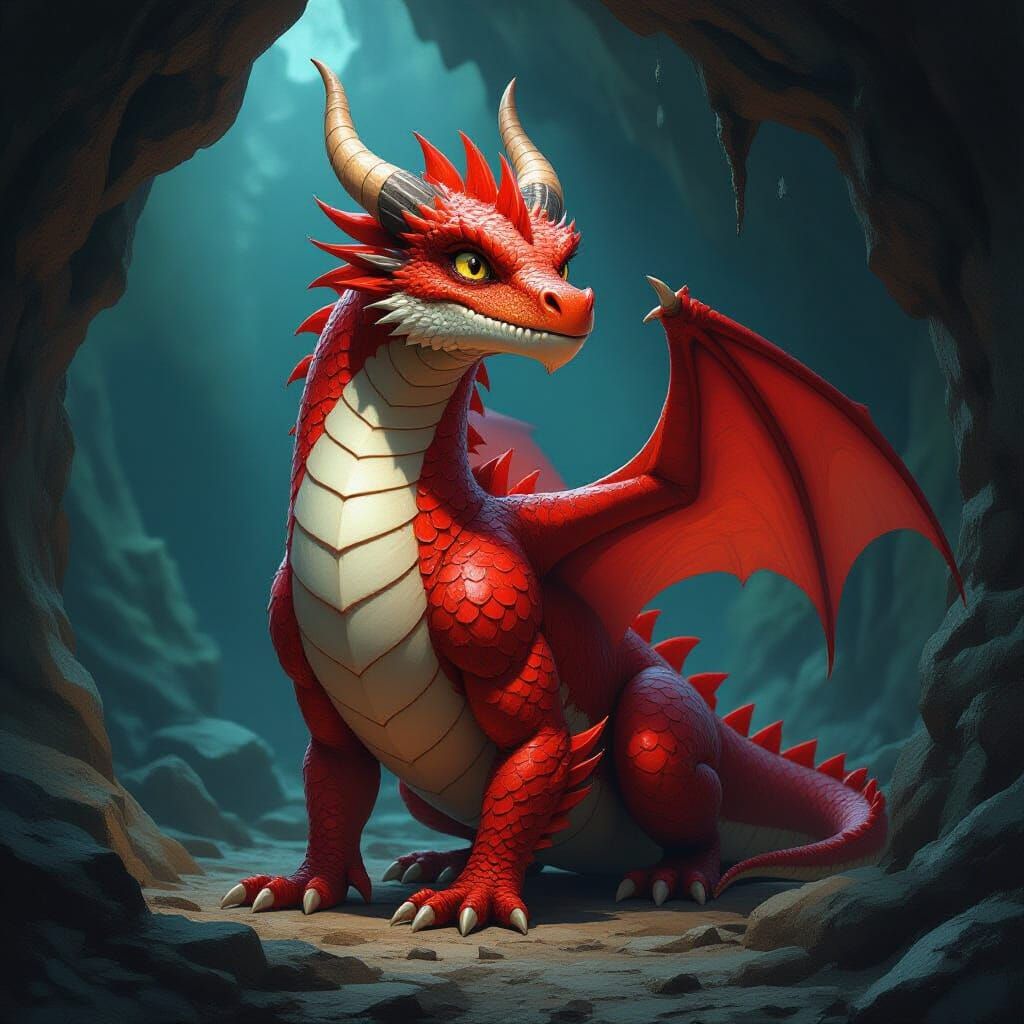 Majestic Dragon Posing in Mystical Cave, Realism Style