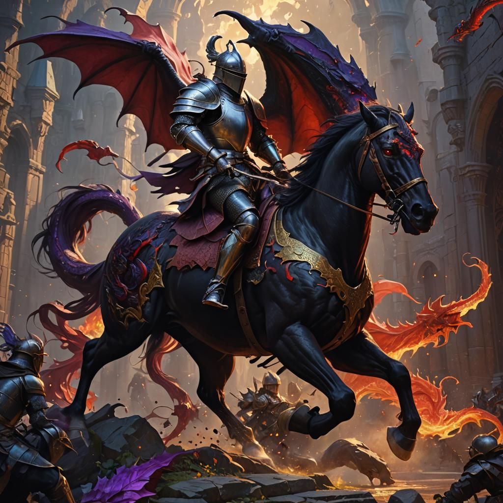 Knight on Black Horse Fighting Dragon, Dark Fantasy Art