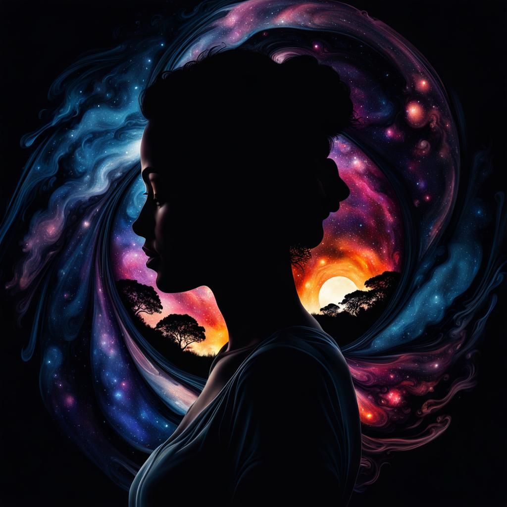 Hyperrealistic Dark Sunset Silhouette with Galaxy Colors