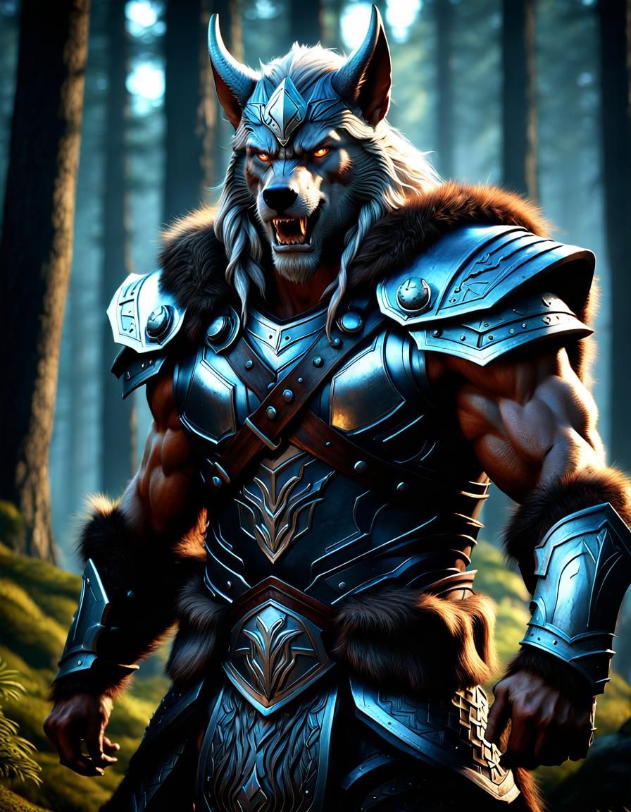 Armored Werewolf Viking Warrior in Fantasy Forest