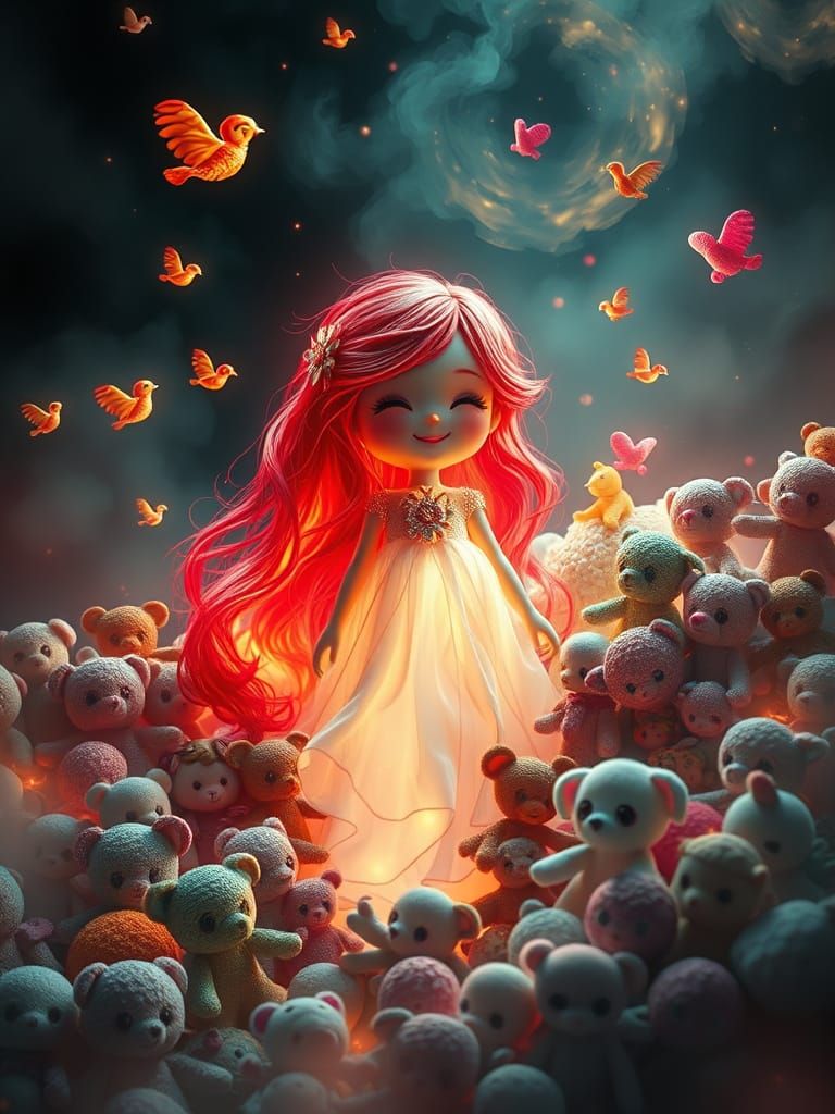 Neon Plushie Dreamscape: Anime Girl in Surreal Scene