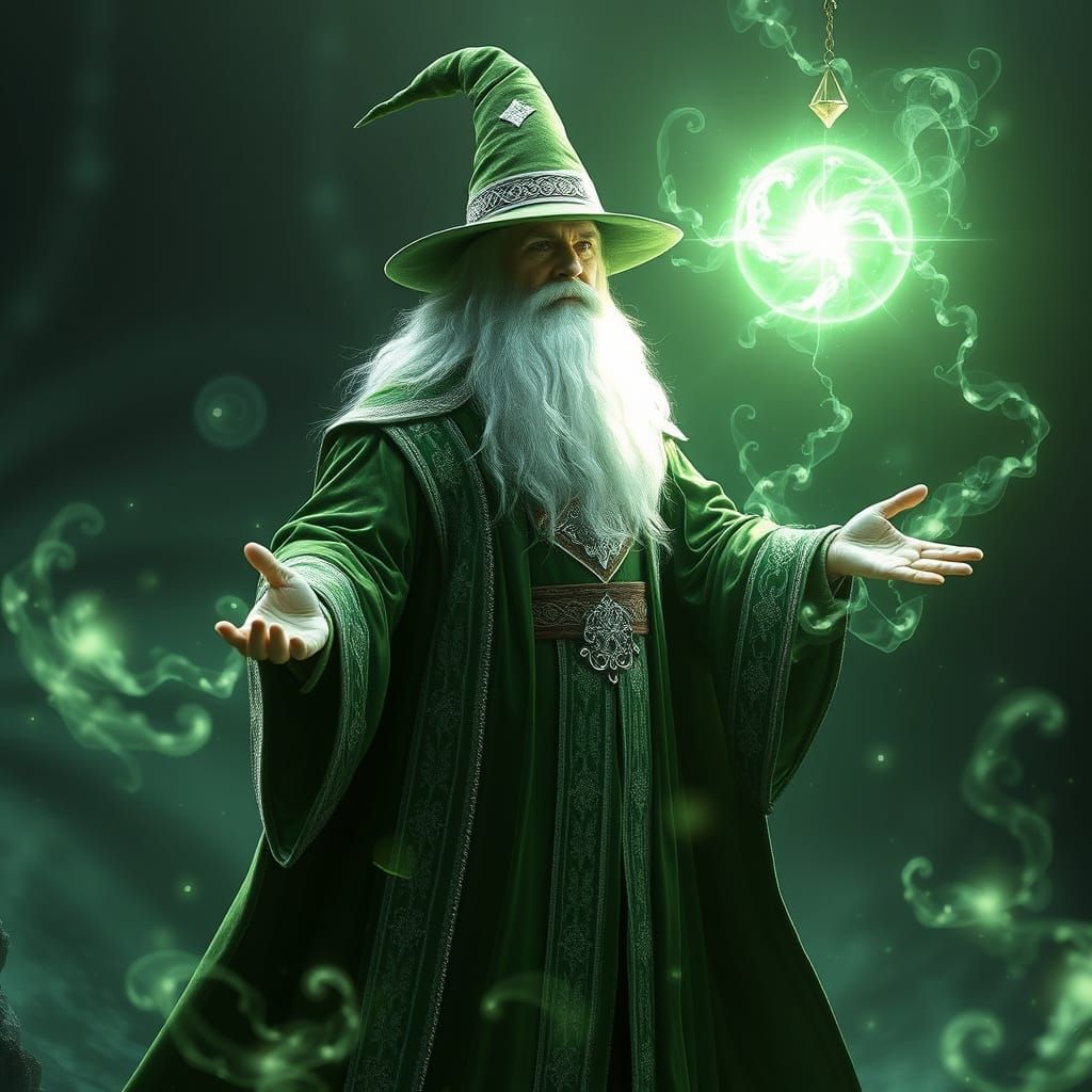 Gandalf doing magic, he wears green hat, green furry clothes, silver magic beard. green and silver aura energy. Transluc...