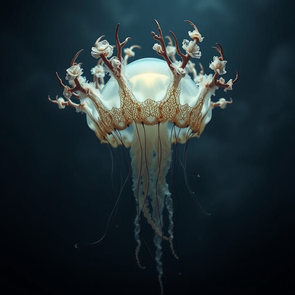 Majestic Gothic Jellyfish with Flower Antlers in Dark, Misty...