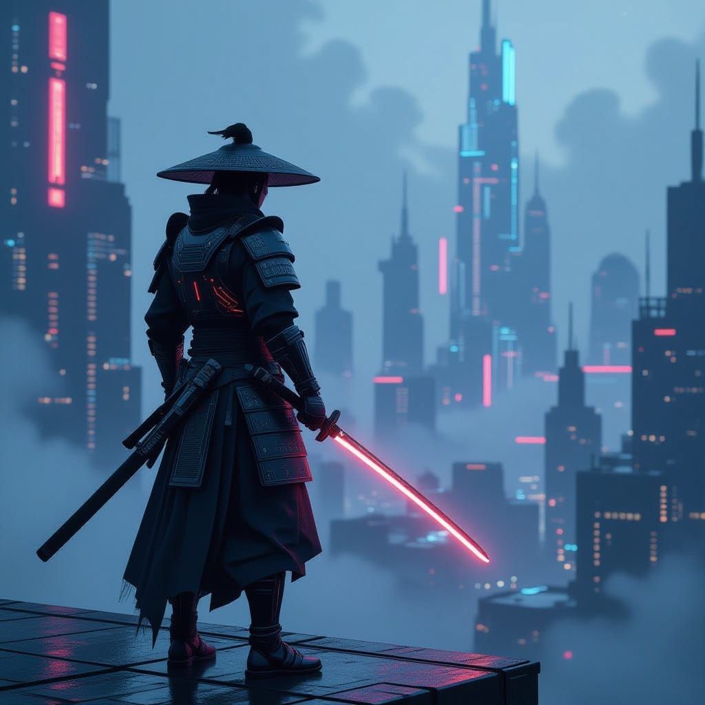 Cyberpunk Samurai Warrior in Neon Cityscape