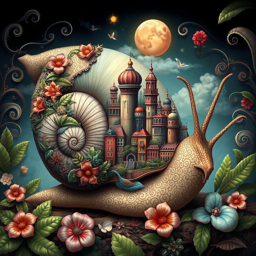 an abstract drawing of a snail, there is a tiny city growing...