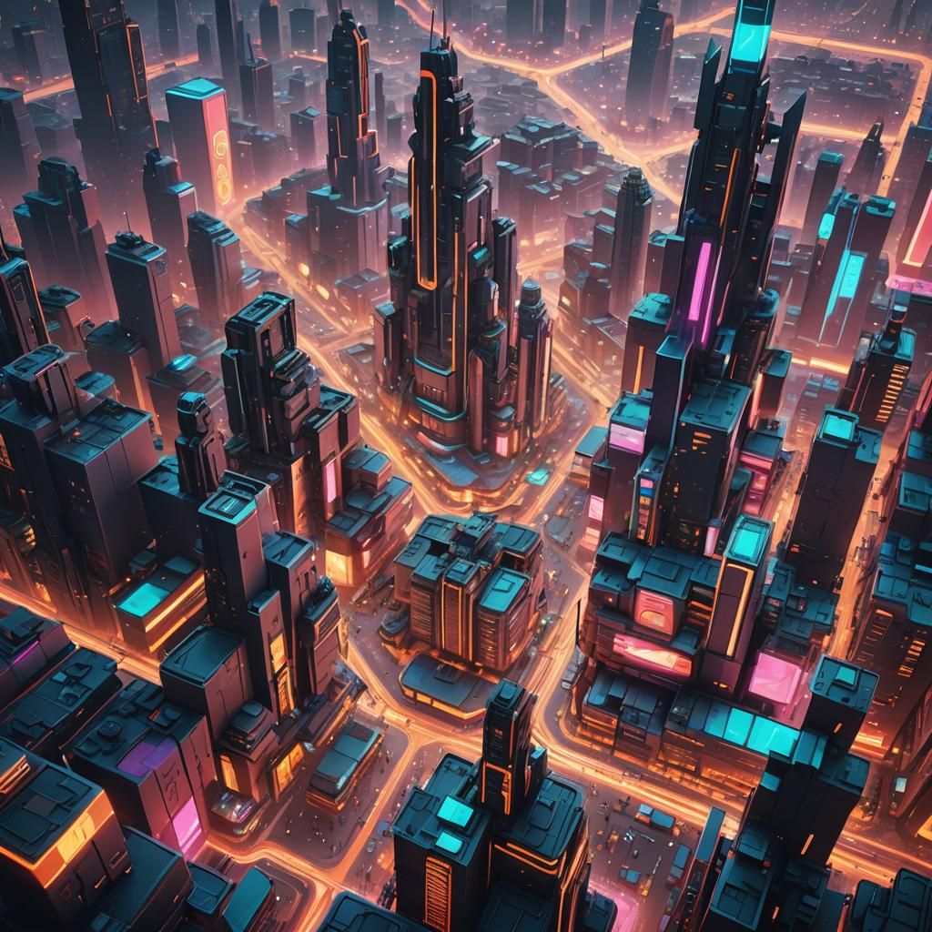 Retrofuturistic Cityscape with Neon Lights in 3D
