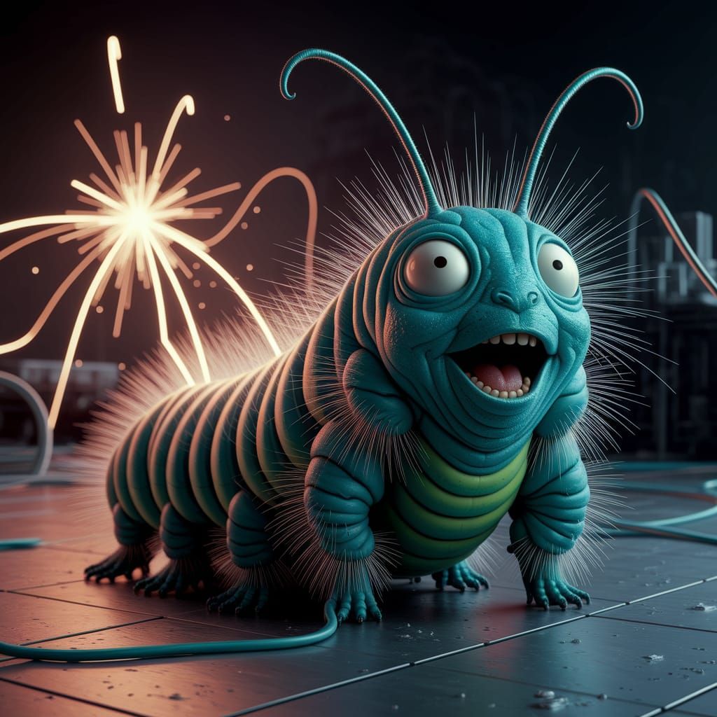 Excited Caterpillar by Tesla Coil in Surreal Style