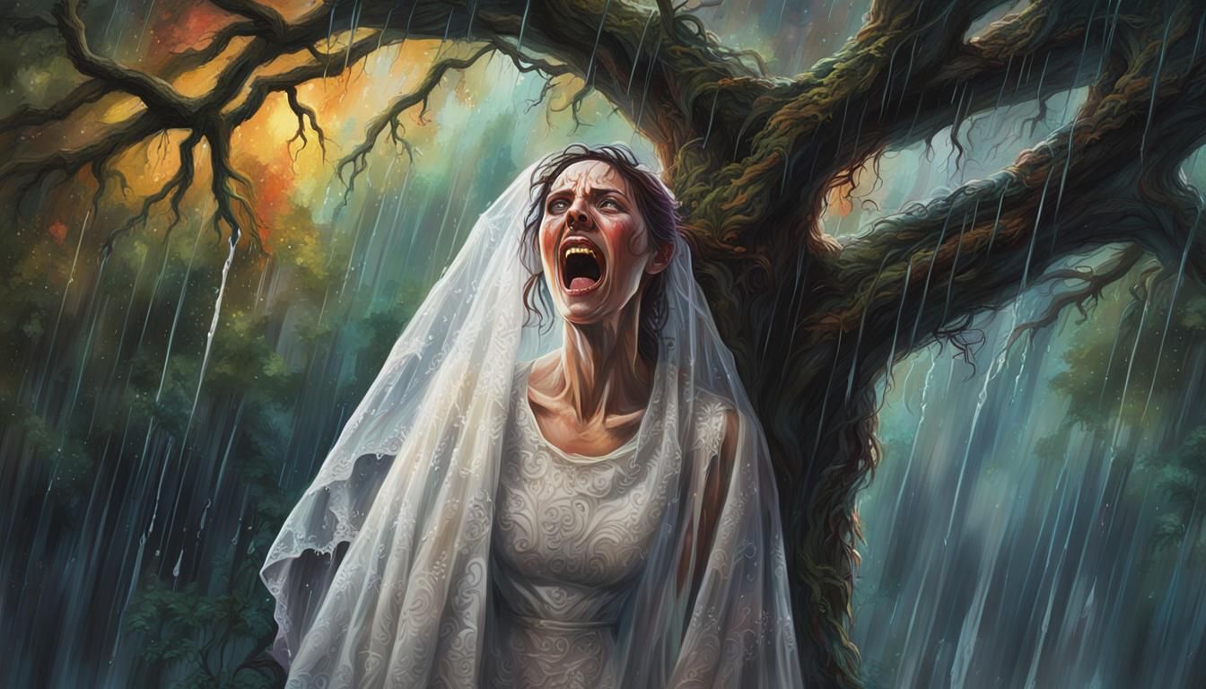 Weeping Bride Screaming in Rage Under Rainy Tree