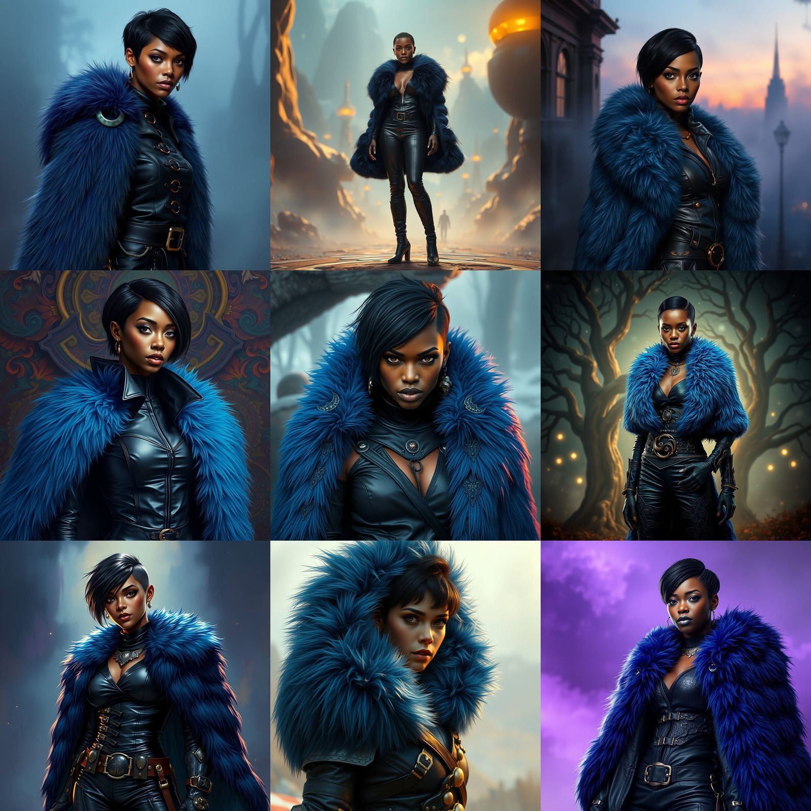 Black Woman in Leather Outfit under Blue Fur Greatcoat Fanta...